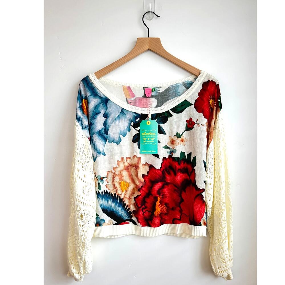 RARE Farm Rio Brazil Tropical Floral Lace Sleeve Knit Sweater Made in Brazil S/M